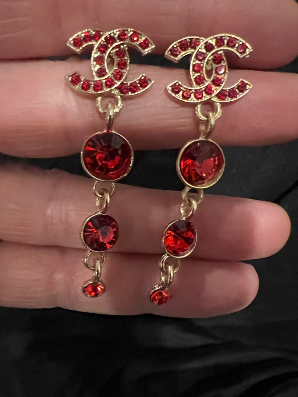 CHANEL Red Crystal Logo Drop Earrings - Gold Tone - Picture 5 of 13
